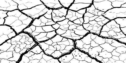 High-resolution black and white cracked dry earth texture, natural drought soil pattern with deep fissures, abstract background symbolizing climate change, arid land, desert surface, and environmental