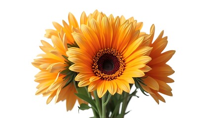 Naklejka premium Bright Yellow Sunflower Blossoms with Green Leaves on White Background
