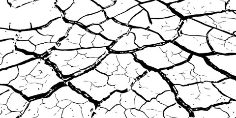 High-resolution black and white cracked dry earth texture, natural drought soil pattern with deep fissures, abstract background symbolizing climate change, arid land, desert surface, and environmental
