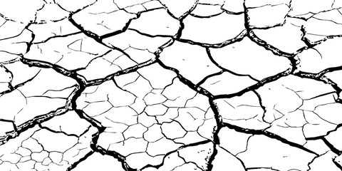High-resolution black and white cracked dry earth texture, natural drought soil pattern with deep fissures, abstract background symbolizing climate change, arid land, desert surface, and environmental