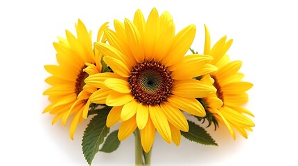 Naklejka premium Bright Yellow Sunflower Bouquet with Green Leaves on White Background
