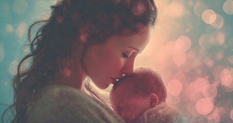 Woman tenderly kissing infant child with soft lighting and blurred background