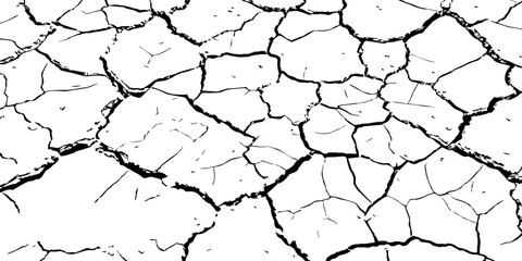 High-resolution black and white cracked dry earth texture, natural drought soil pattern with deep fissures, abstract background symbolizing climate change, arid land, desert surface, and environmental