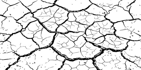 High-resolution black and white cracked dry earth texture, natural drought soil pattern with deep fissures, abstract background symbolizing climate change, arid land, desert surface, and environmental