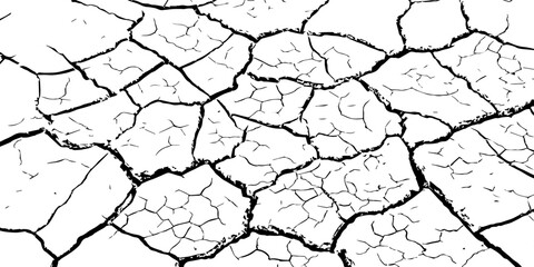High-resolution black and white cracked dry earth texture, natural drought soil pattern with deep fissures, abstract background symbolizing climate change, arid land, desert surface, and environmental