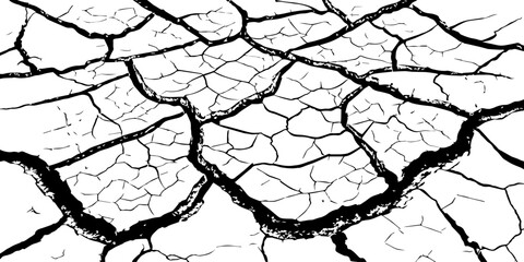 High-resolution black and white cracked dry earth texture, natural drought soil pattern with deep fissures, abstract background symbolizing climate change, arid land, desert surface, and environmental