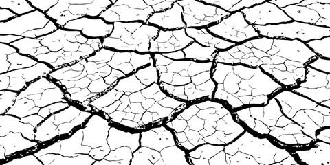High-resolution black and white cracked dry earth texture, natural drought soil pattern with deep fissures, abstract background symbolizing climate change, arid land, desert surface, and environmental