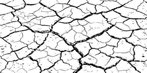 High-resolution black and white cracked dry earth texture, natural drought soil pattern with deep fissures, abstract background symbolizing climate change, arid land, desert surface, and environmental