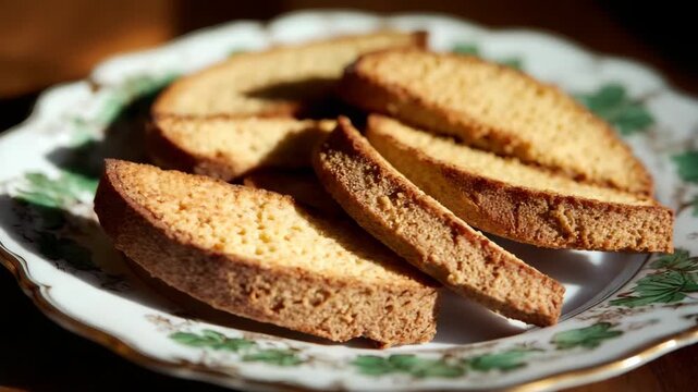 Crisp Golden Biscotti Displayed on Vintage Floral Plate with Sunlight Accents and Detailed Crumb Texture In Warm Light