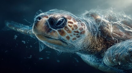 Obraz premium Ocean's Silent Plea: A sea turtle, its shell subtly entangled, navigates a pristine, yet threatened underwater world. This poignant image serves as a stark reminder of environmental challenges.