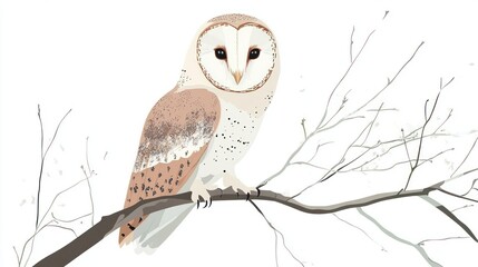 Barn owl perched on branch, winter scene, wildlife illustration, nature poster