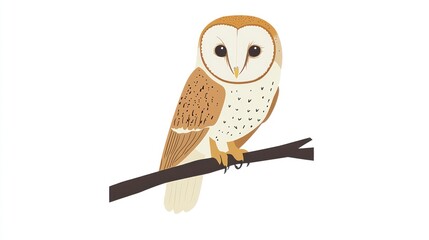 Barn owl perched on branch, white background, nature illustration, wildlife poster