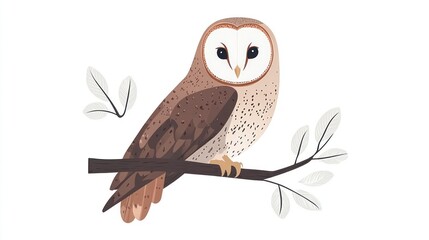 Barn owl perched on branch, leaves background, nature illustration, children's book