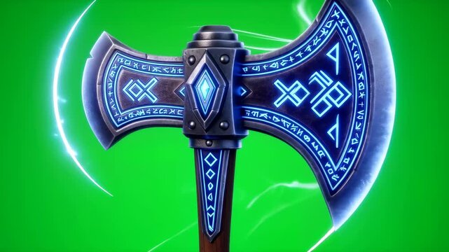 Magical battle axe and mace rotating with glowing lights on green screen background for video effect