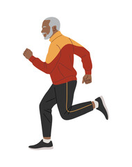 Active African American senior man jogging in modern sportswear, symbolizing healthy aging and fitness. Flat vector illustration isolated on transparent background
