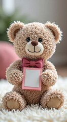 Obraz premium Cute teddy bear holding blank card with red bowtie on soft carpet