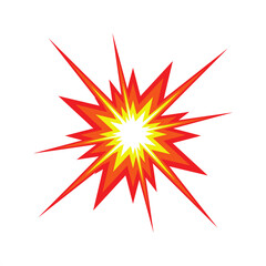 Explosion graphic of radiating red, yellow, and orange bursts, suggesting impact or a powerful event