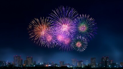 Fototapeta premium Breathtaking new year fireworks over a dark city skyline background