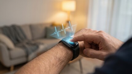 Remote Health Solutions concept. Smartwatch displaying health metrics during home use.