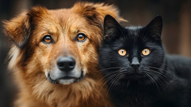 Portrait of brown mixed-breed dog and black cat sitting side by side looking at the camera with blurred outdoor background details.