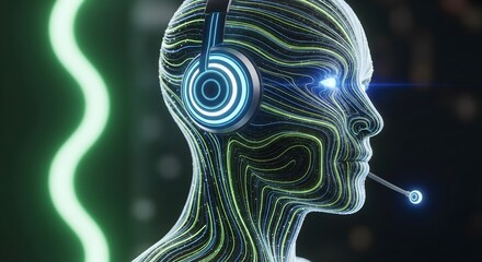 Futuristic humanoid figure with glowing digital lines wearing a headset. High quality 3d illustration suitable for virtual assistant, ai support, and customer service technology themes.