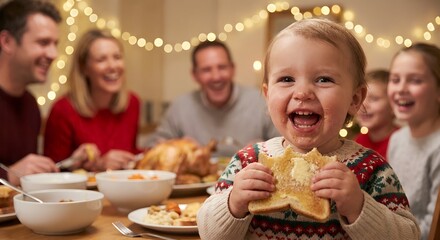 Cheerful toddler joyfully eating messy buttered toast at a family Christmas dinner for holiday celebration concept with warm festive lighting and bokeh