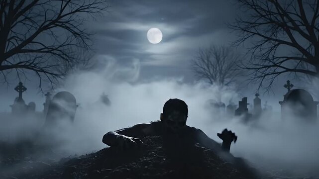 Emerging From Darkness Spooky Halloween Cemetery Scene with Full Moon and Fog