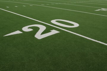 Close-up view of American football field 20-yard line with white markings on green turf, showing sport strategy concept and perspective detail. Ai generative