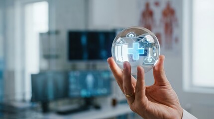 Remote Health Solutions concept. Hand holding a transparent health icon in a modern medical setting.