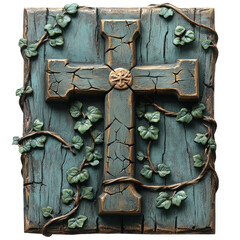 Transparent ornate wooden wall cross with carved floral rustic faith decor PNG clipart