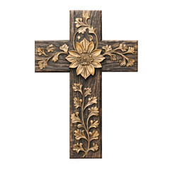 Transparent ornate wooden wall cross with carved floral rustic faith decor PNG clipart
