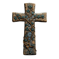 Transparent ornate wooden wall cross with carved floral rustic faith decor PNG clipart