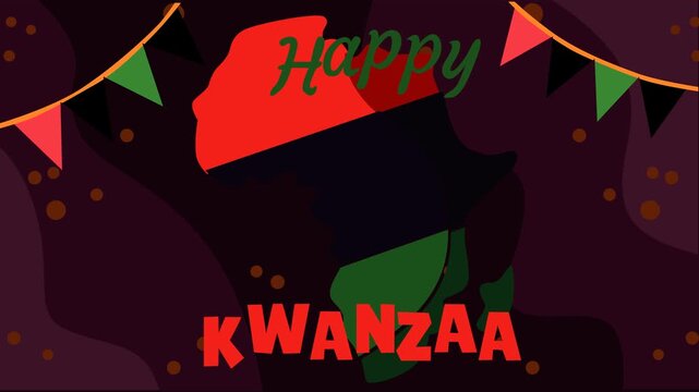 Festive Kwanzaa animation featuring Africa map in Pan-African colors with decorative flags on a dark background