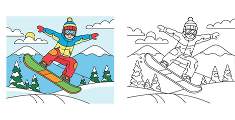 Coloring book page for kids: happy cartoon snowboarder boy jumping in winter mountains with colored example and outline sketch vector illustration.