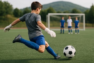 Obraz premium Boy kicking soccer ball while wearing goalkeeper gloves on sports field, with teammates in background on green grass under natural daylight outdoors. Ai generative
