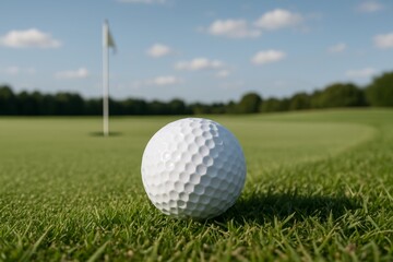 Obraz premium Close-up of golf ball on green grass with flag in background under sunny sky, symbolizing focus and precision in outdoor sport concept photography. Ai generative