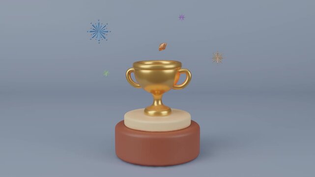 Golden trophy with flying stars and fireworks floating background, concept of success, victory or celebrating achievement and excellence. Winners and champions, golden cup prize. 3d animation