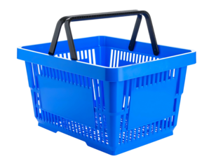 Bright blue plastic shopping basket with black handles
