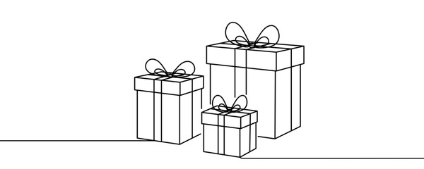 Continuous line art of a Christmas or holiday gift. Minimalistic single-line style. Vector illustration.