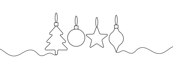 Hanging Christmas balls, Christmas tree toys. New Year's toys in one line style. Vector illustration.
