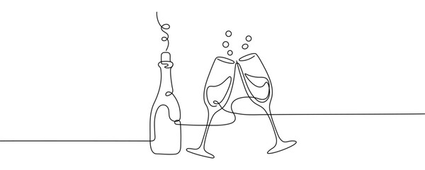 Champagne in a glass. Bottle of champagne and glasses. Holidays. Drawing with one continuous line. Vector illustration