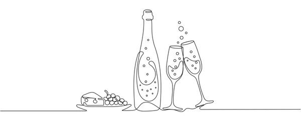 Champagne in a glass. Bottle of champagne and glasses. Holidays. Drawing with one continuous line. Vector illustration