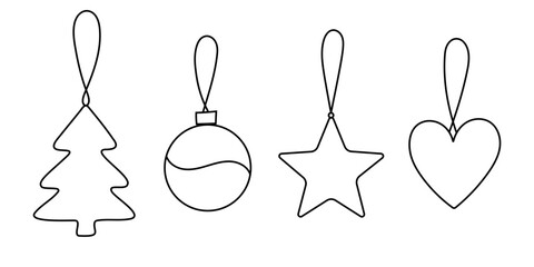 Hanging Christmas balls, Christmas tree toys. New Year's toys in one line style. Vector illustration.