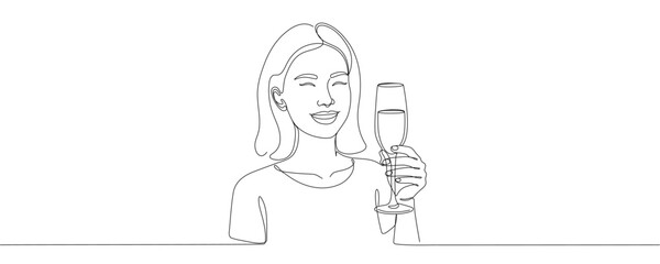 A single continuous line drawing of people raising glasses of wine or champagne. Vector illustration.