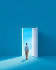 Fototapeta premium Person standing in a room with a light coming through the door