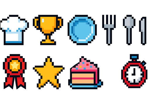 Cooking and dining pixel icon set. Kitchen, food tools, and utensils collection.