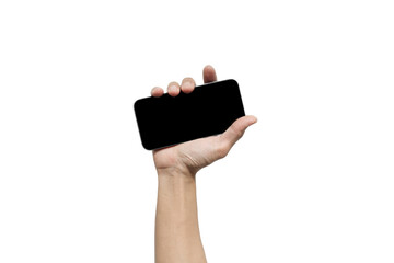 Hand showing mobile smartphone, with blank black screen, isolated on white background