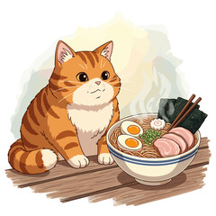 Fat Orange Tabby Cat Sitting Next to a Bowl of Japanese Ramen Noodles.