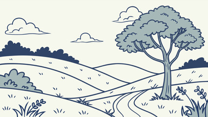 Monochrome Outline Vector Illustration of Winding Countryside Road, Rolling Hills, and Solitary Tree