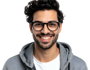 Smiling man with glasses and dark curly hair